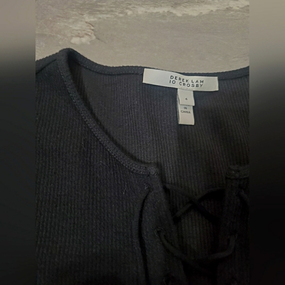 Derek Lam 10 Crosby Elegant Black Midi Dress. Short Sleeves. Knit Ribbed Lace Up - Picture 14 of 15